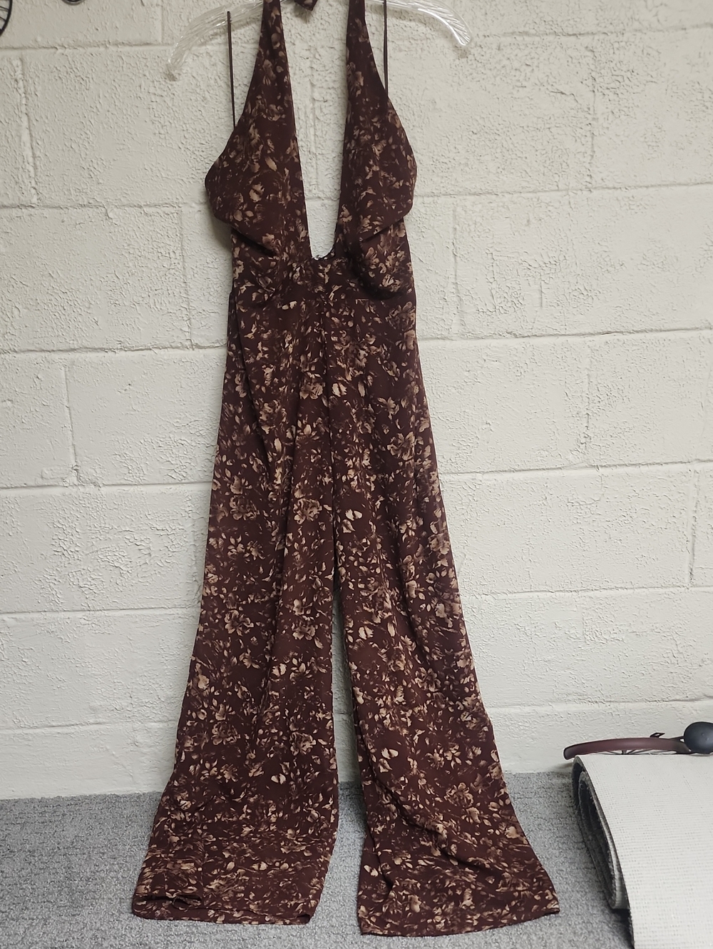 Sage Brown and Cream Floral Halter Jumpsuit